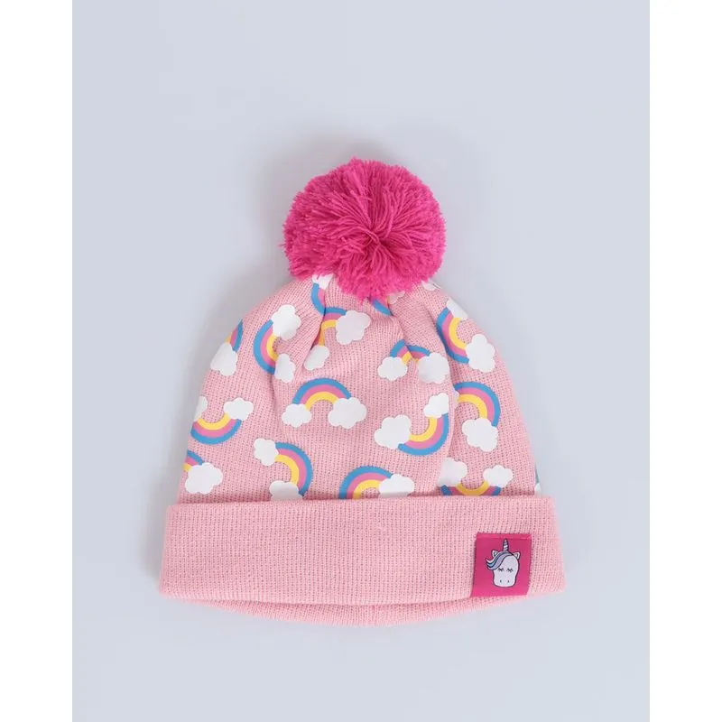 Gorro Infantil Arco-Íris Pompom Rosa UN