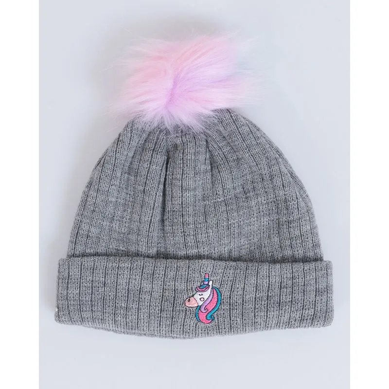 Gorro Infantil Tricô Unicórnio Pompom Cinza UN