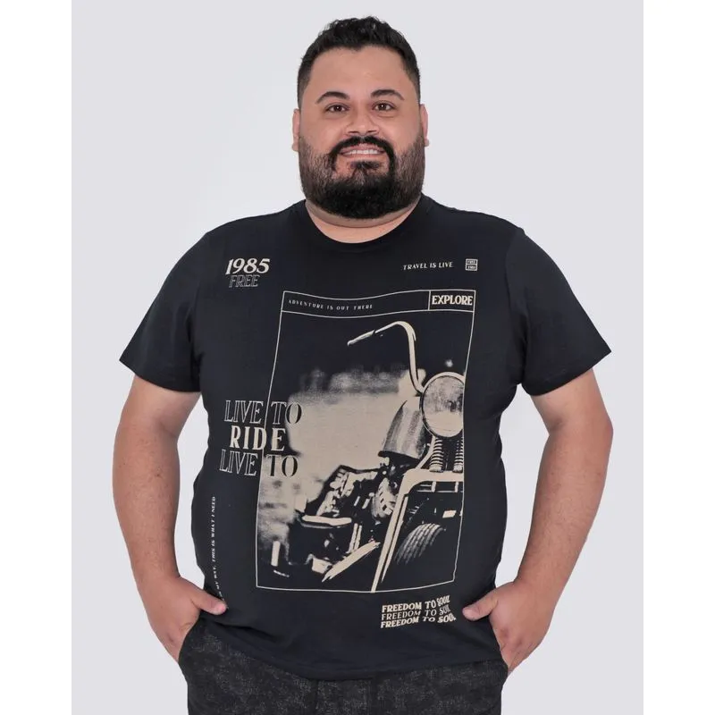Camiseta Masculina Plus Size Manga Curta Motocicleta Preta G2