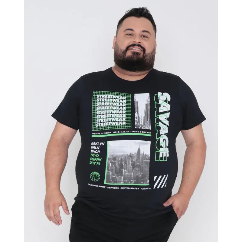 Camiseta Plus Size Estampa Metrópole Preto G2