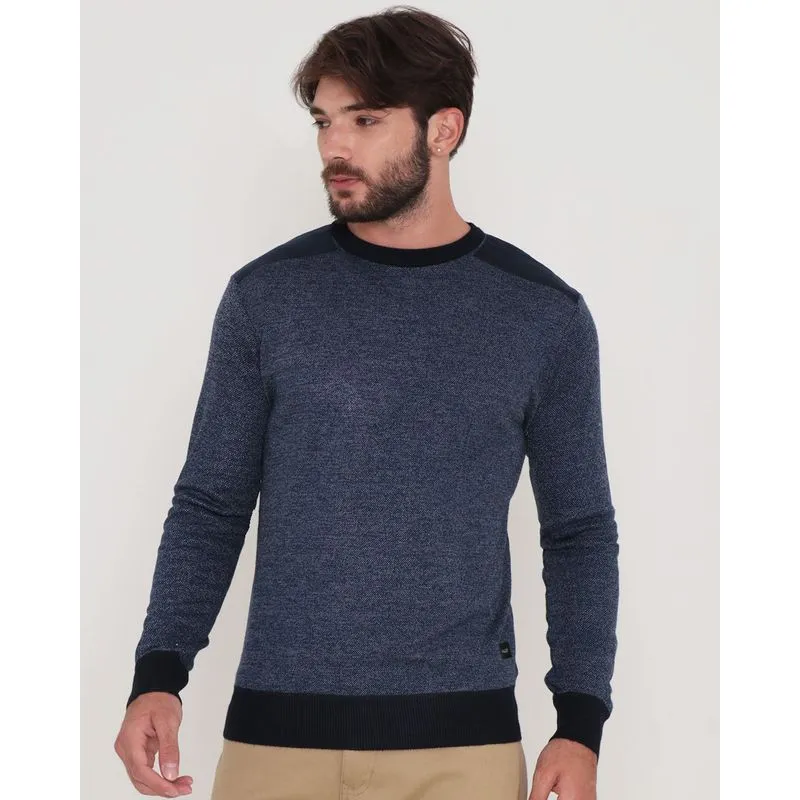 Suéter Masculino Tricô Com Recorte Suede Azul Marinho G