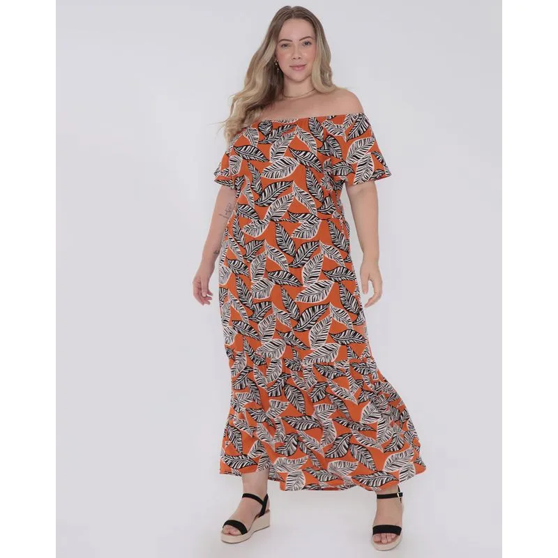 Vestido Plus Size Longo Ciganinha Floral Terracota G1