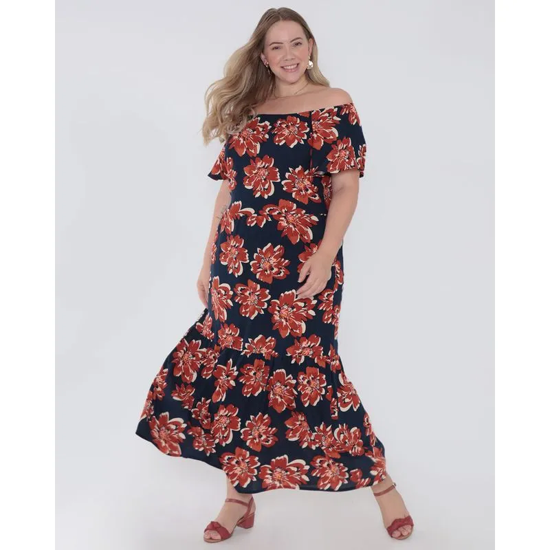 Vestido Plus Size Longo Ciganinha Floral Azul Marinho G3