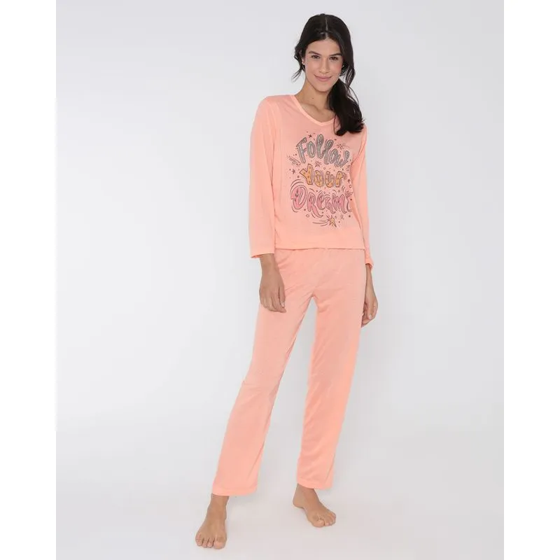 Pijama Feminino Longo Estampa Follow Your Dreams Laranja G