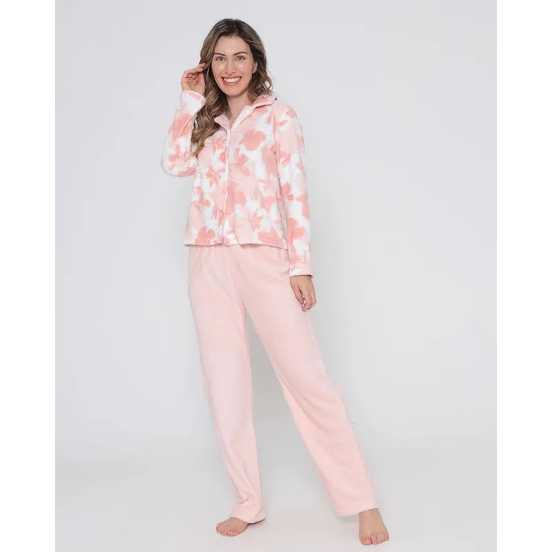 Pijama Feminino Longo Plush Floral Rosa Claro P