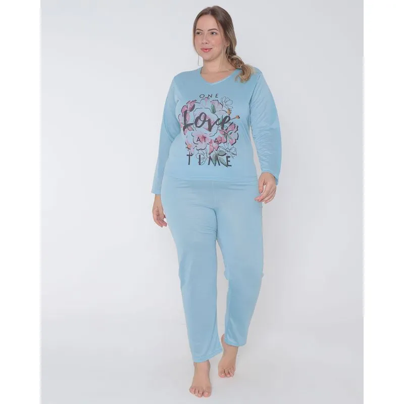 Pijama Feminino Plus Size Longo Decote V Floral Azul Claro 52