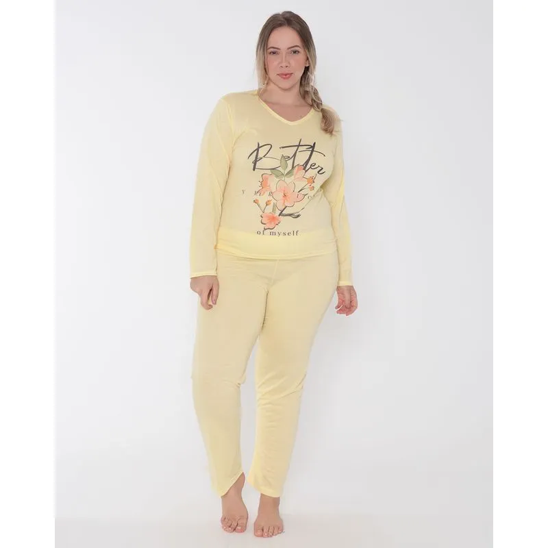 Pijama Feminino Plus Size Longo Decote V Floral Amarelo Claro 52