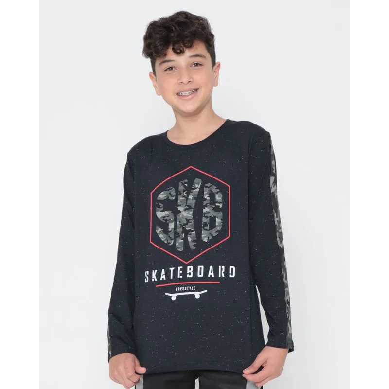 Camiseta Manga Longa Juvenil Botonê Estampa Skateboard Preta 16