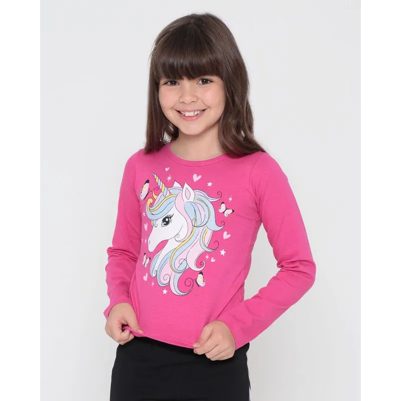 Blusa Infantil Manga Longa Estampa Com Glitter Unicórnio Rosa 4