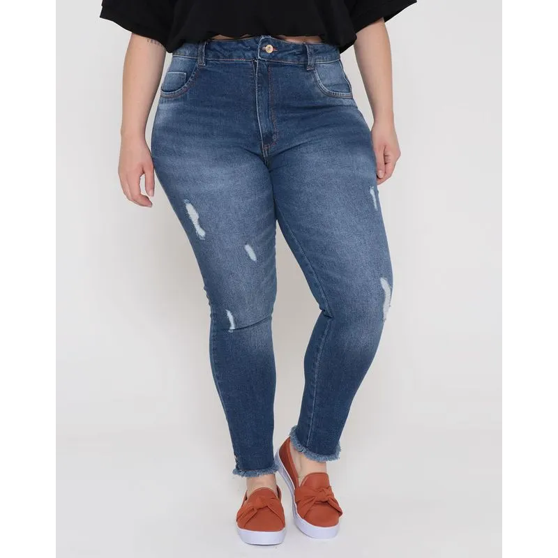 Calça Jeans Plus Size Feminina Puídos Cigarrete Biotipo Azul 56
