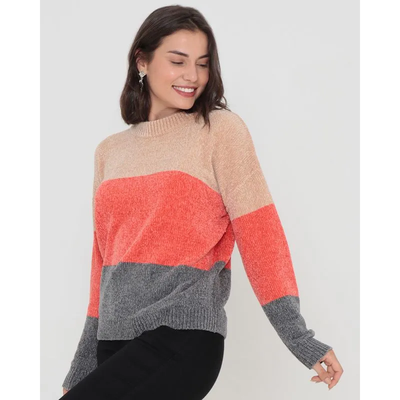 Suéter Feminino Tricô Aveludado Com Listras Bege P