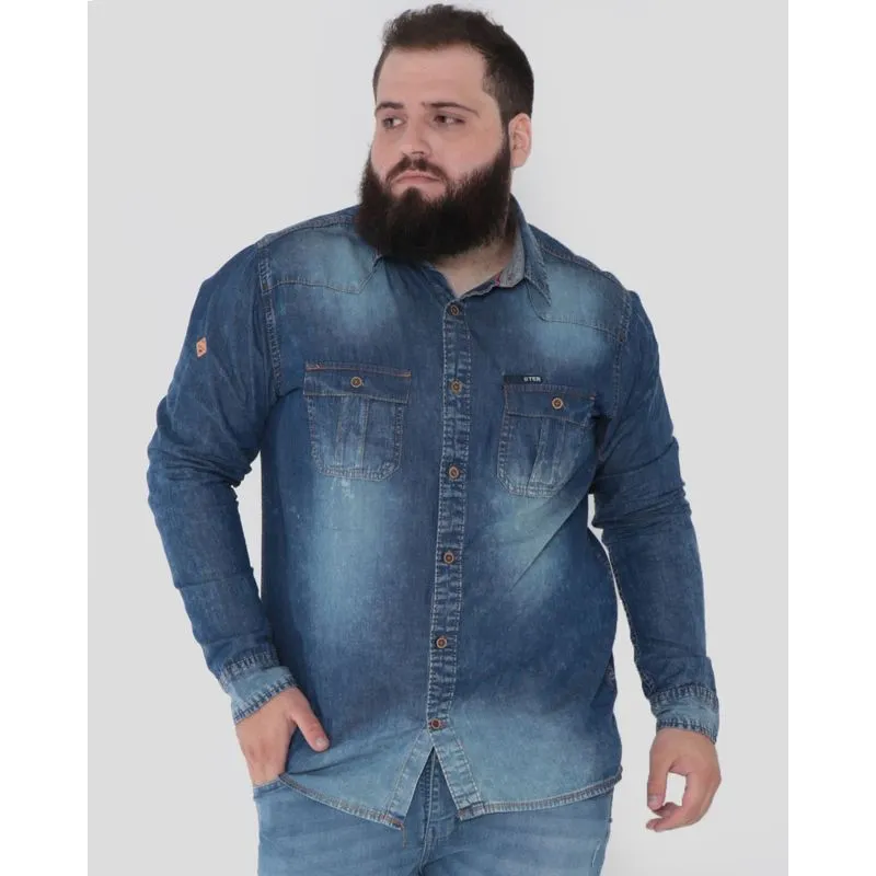 Camisa Masculina Plus Size Jeans Gangster Azul G2