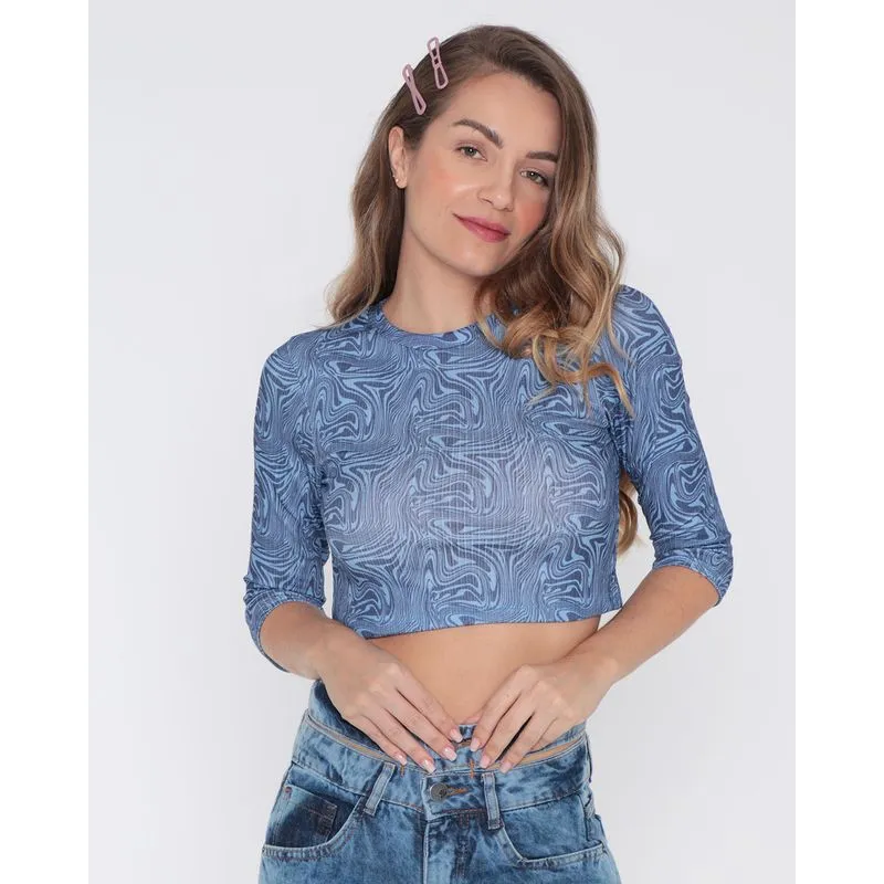 Blusa Feminina Cropped Malha Canelada Rajada Azul P