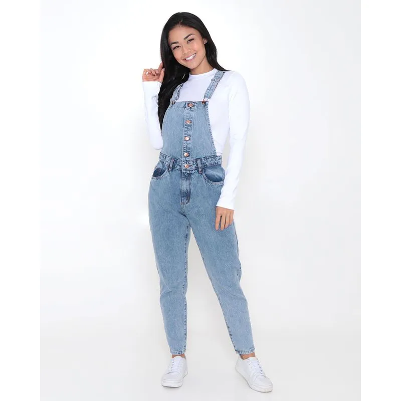 Macacão Jeans Feminino Com Botões Azul 38