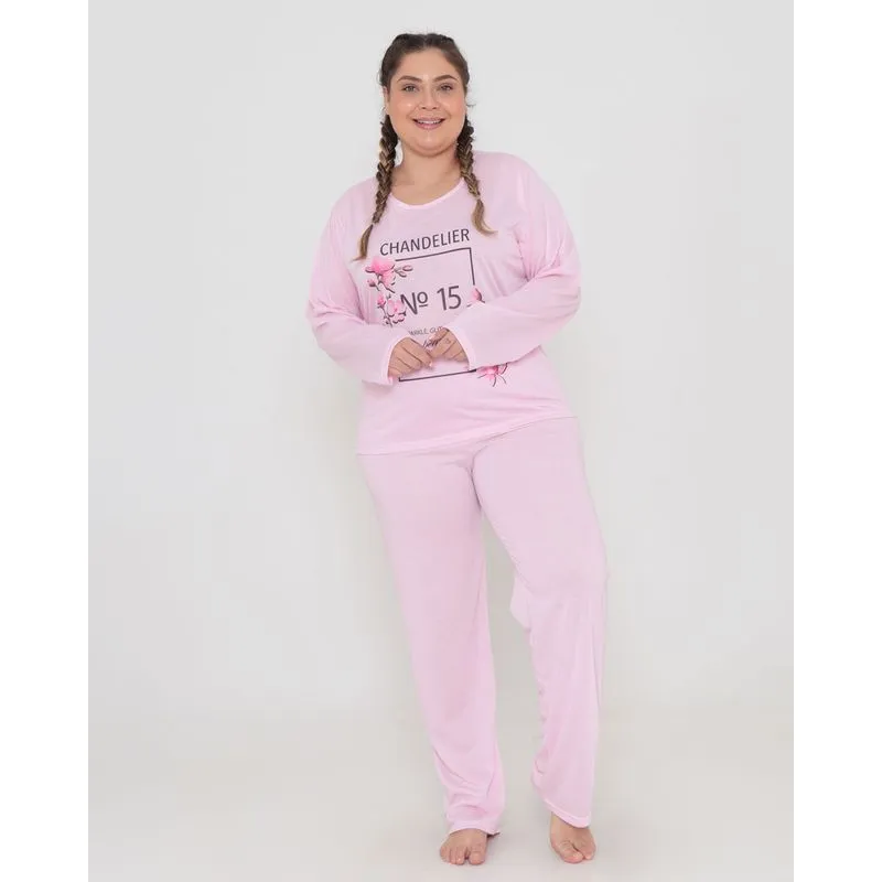 Pijama Feminino Plus Size Longo Chandelier Rosa Claro 50