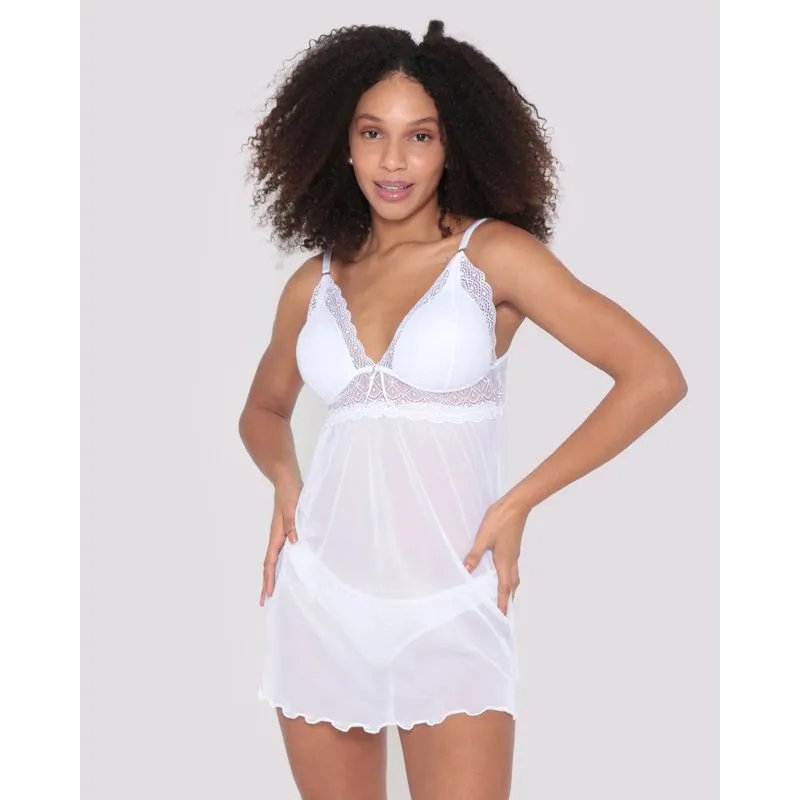 Camisola Feminina Tule E Renda Alcinha Branca 42