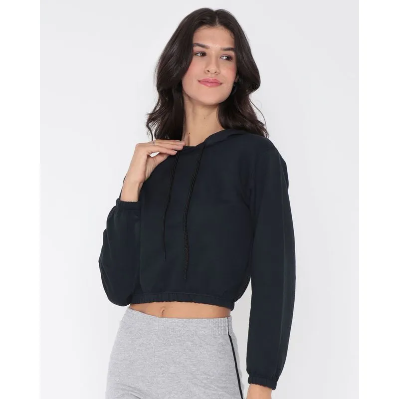 Blusa Moletinho Cropped Com Capuz Preta G