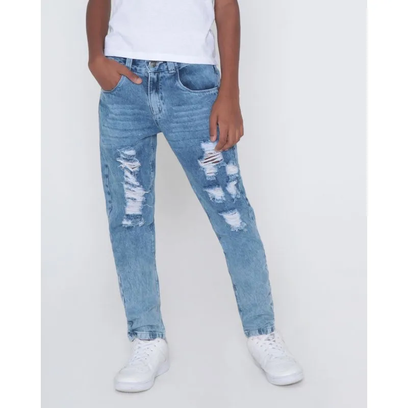 Calça Jeans Juvenil Reta Destroyed Azul 12