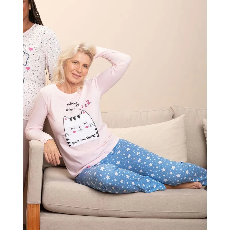 Pijama Feminino Longo Estampa Sleeping Rosa Claro P