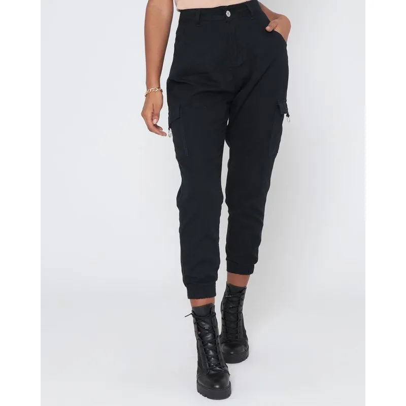 Calça Feminina Sarja Jogger Bolso Cargo Preta 42