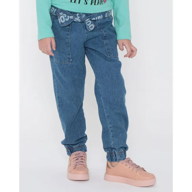 Calça Jeans Infantil Jogger Cinto Cool Girl Azul Médio 6