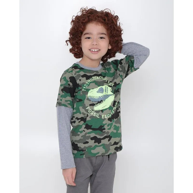 Camiseta Infantil Manga Longa Camuflada Dinossauro Verde 10