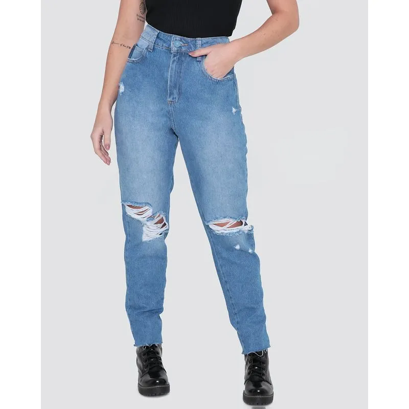 Calça Jeans Feminina Mom Destroyed Sawary Azul 46