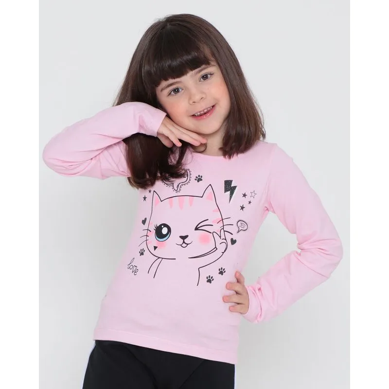 Blusa Infantil Manga Longa Estampa Gatinha Rosa Claro 4