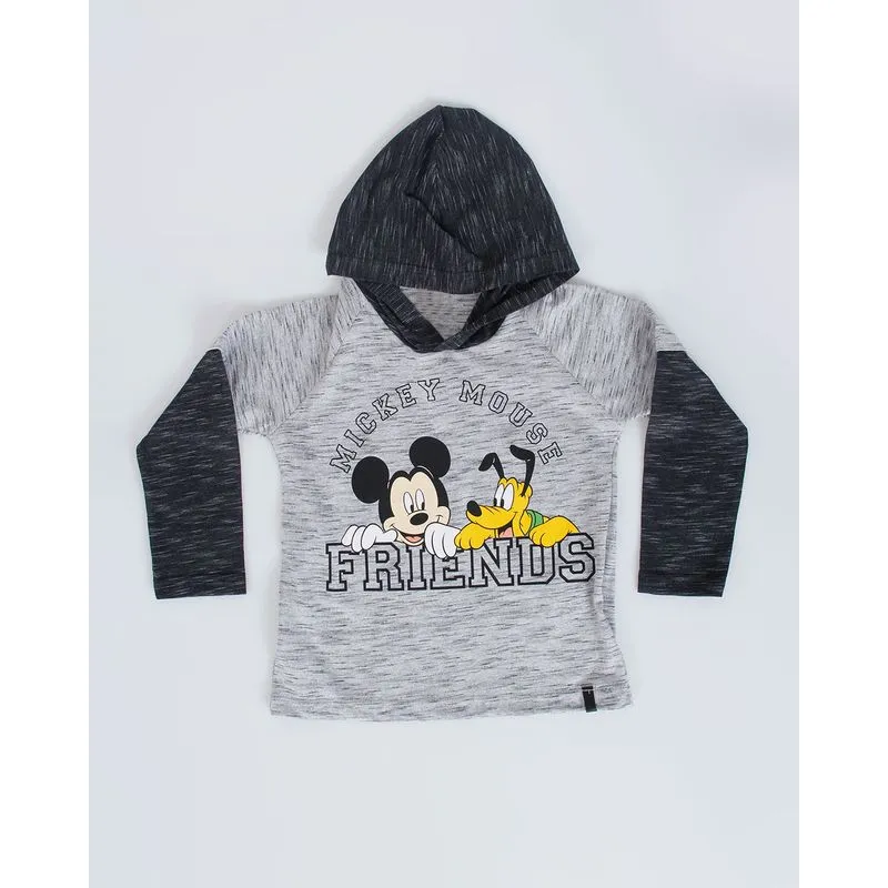 Camiseta Bebê Manga Longa Capuz Flamê Mickey Disney Cinza 3