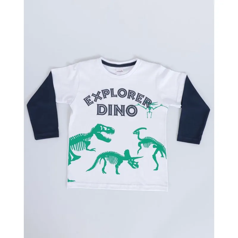 Camiseta Bebê Recorte Manga Longa Explorer Dino Branca 3