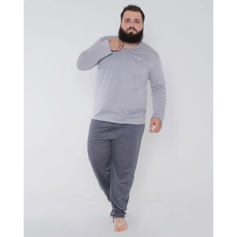 Pijama Masculino Plus Size Longo Com Bordado Cinza Claro 50