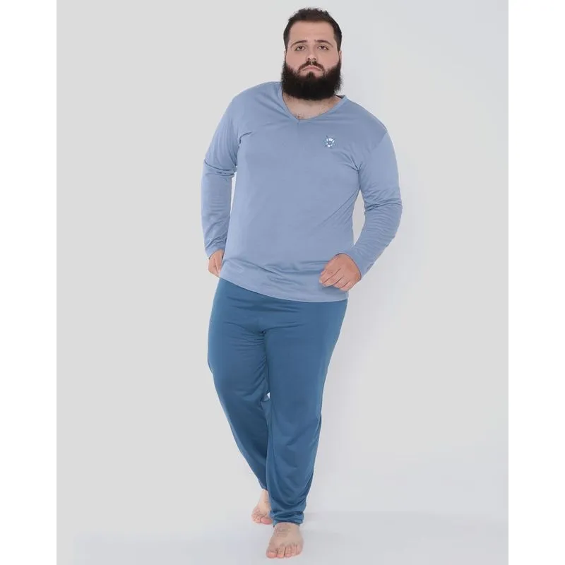 Pijama Masculino Plus Size Longo Com Bordado Azul Claro 48