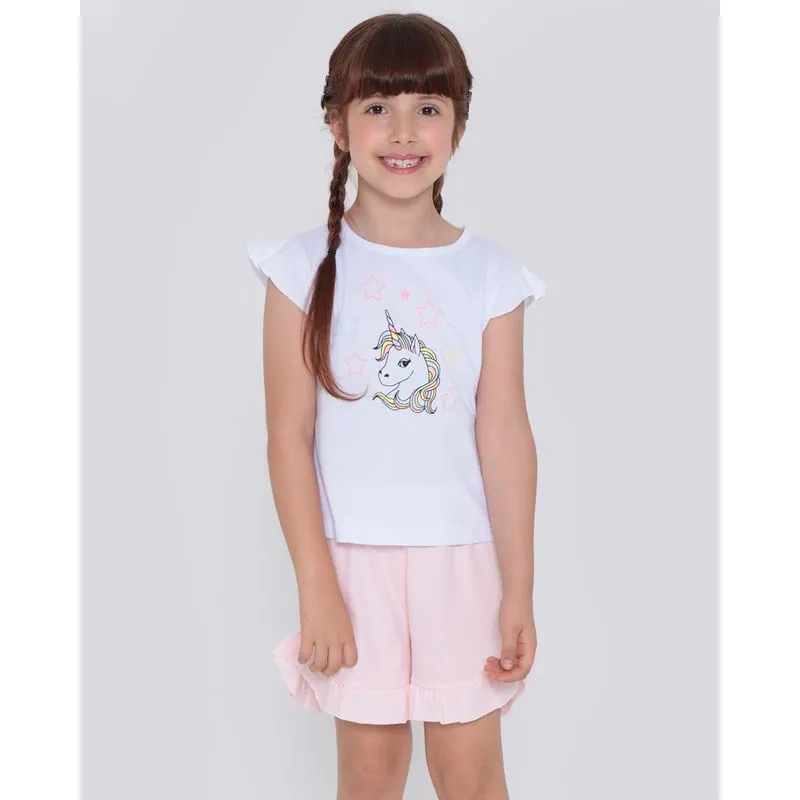 Pijama Infantil Curto Babados Glitter Unicórnio Branco 4