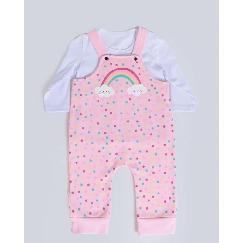 Conjunto Bebê Jardineira Manga Longa Arco-Íris Rosa P