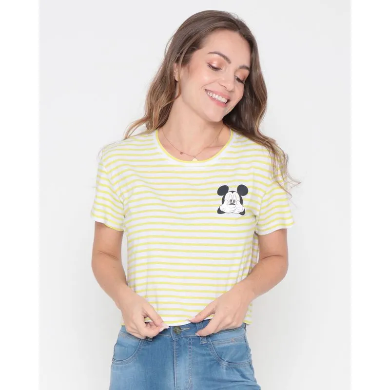 Camiseta Feminina Cropped Algodão Listrada Disney Mickey Off White G