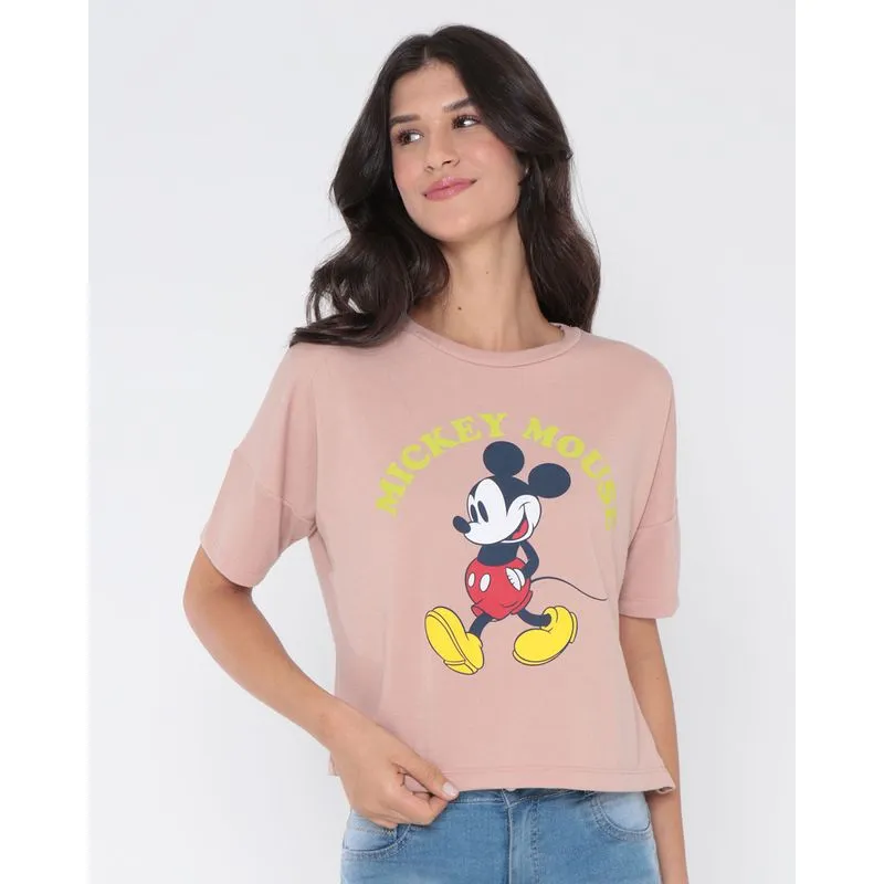 Camiseta Feminina Moletinho Disney Mickey Manga Curta Rosa G