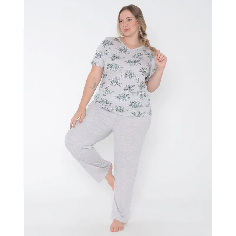 Pijama Feminino Plus Size Longo Decote V Floral Cinza Claro 50