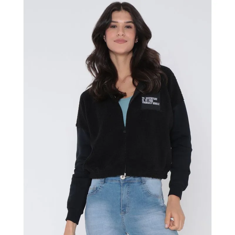 Casaco Moletom E Sherpa Feminino Capuz Preto G