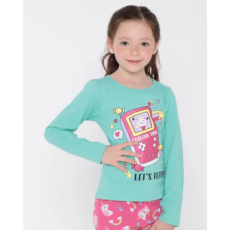 Blusa Infantil Manga Longa Estampa Catcorn Time Verde Claro 8