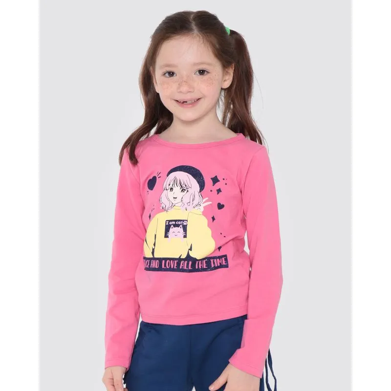 Blusa Infantil Manga Longa Anime Peace Love Rosa Médio 6