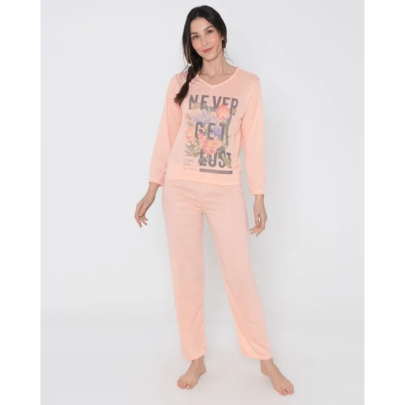 Pijama Feminino Longo Floral Laranja Claro P
