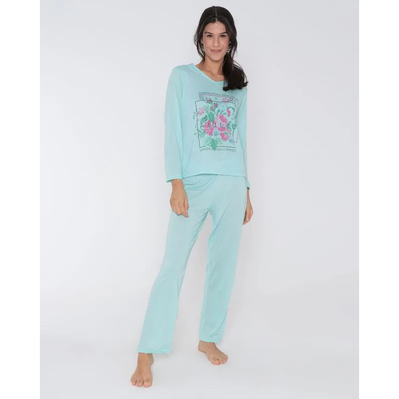 Pijama Feminino Longo Floral Verde G