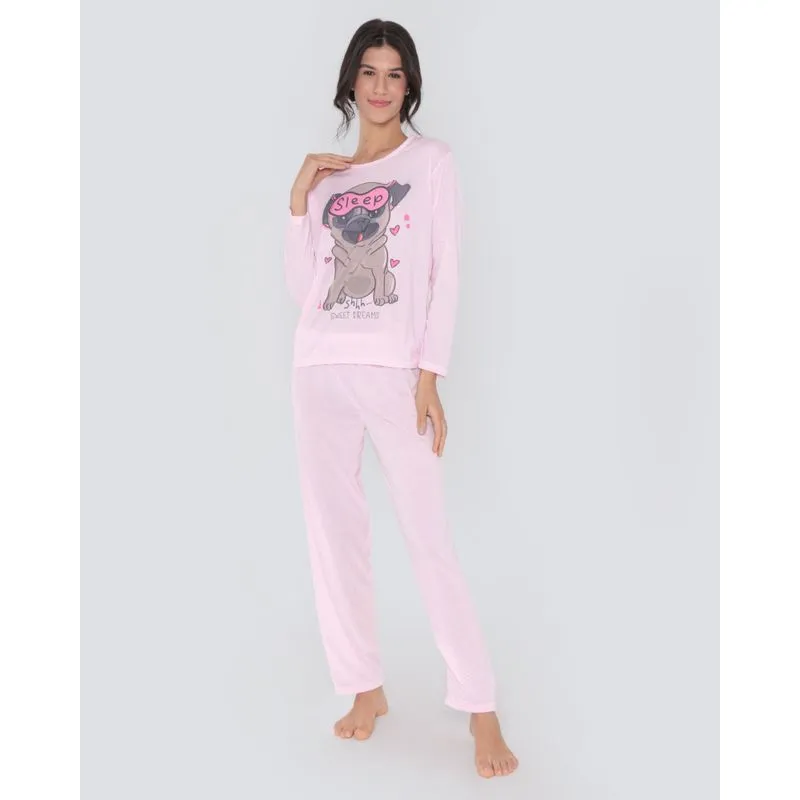 Pijama Feminino Longo Pug Rosa Claro GG