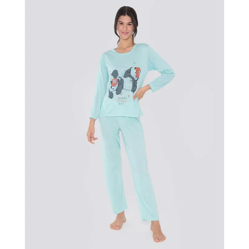 Pijama Feminino Longo Pandas Verde Claro G
