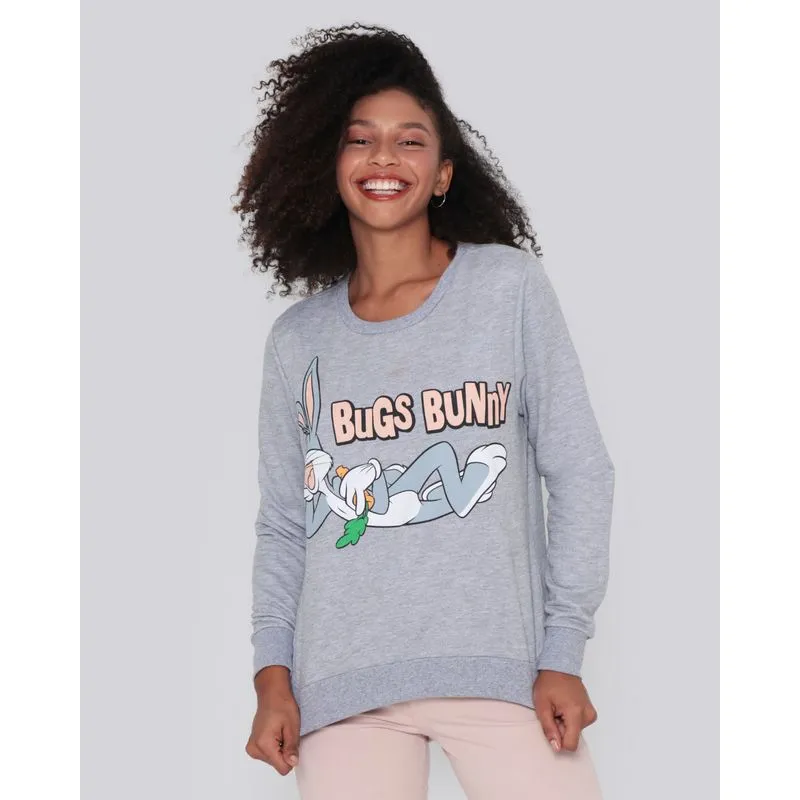 Blusão Moletinho Feminino Pernalonga Looney Tunes Cinza Claro GG