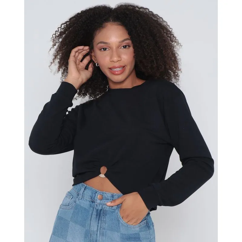 Blusa Feminina Moletinho Cropped Manga Longa Preta M