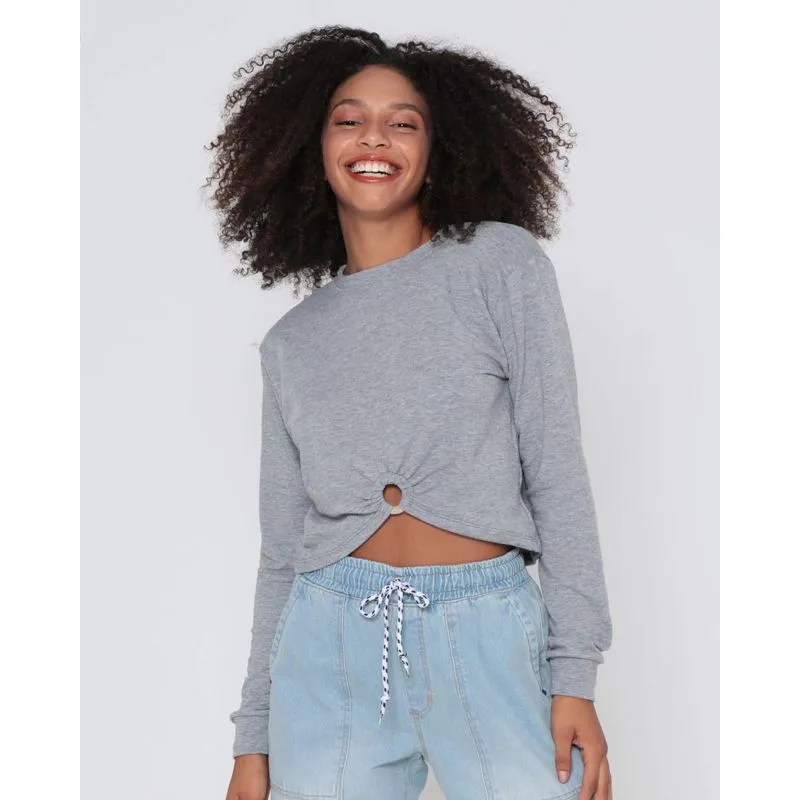 Blusa Feminina Moletinho Cropped Manga Longa Cinza M