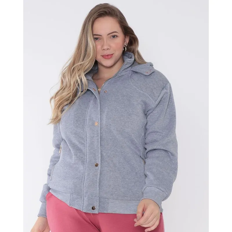 Casaco Moletom Feminino Plus Size Com Capuz Cinza Claro G2