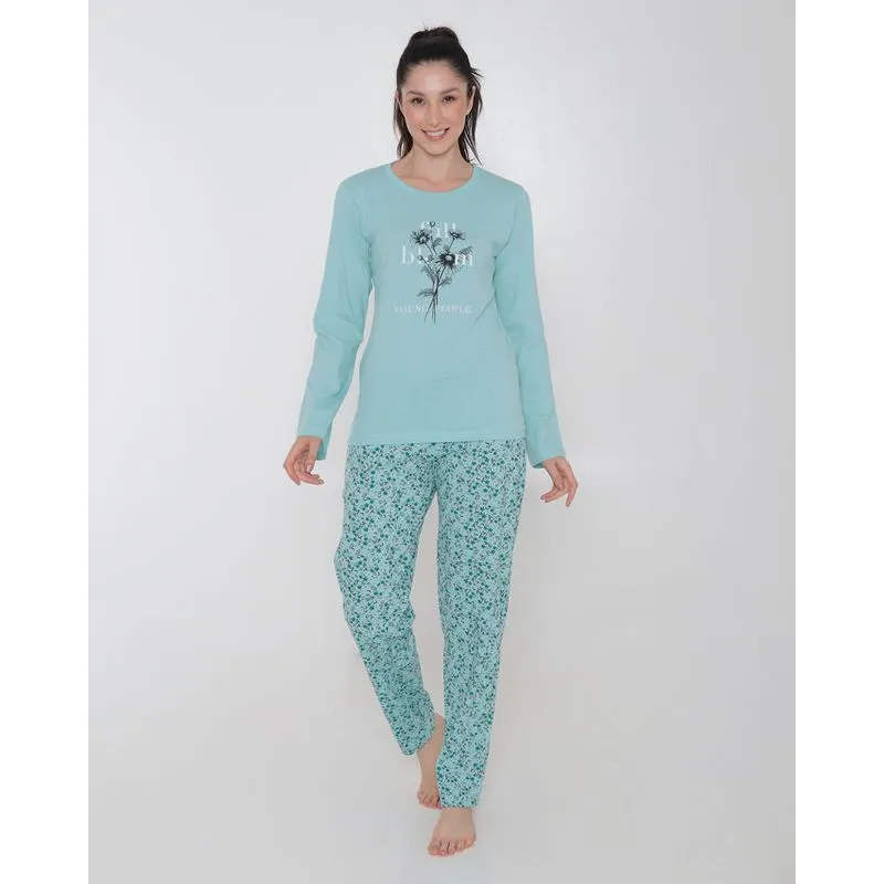Pijama Feminino Longo Estampa Floral Verde M