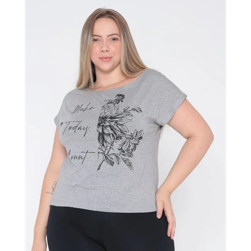 Blusa Plus Size Estampa Today Floral Cinza Claro G3